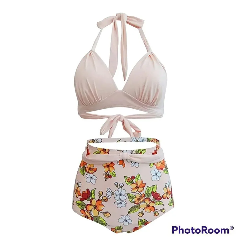 Retro Floral Halter High Waist Bikini Set Two Piece Bathing Suit Size M (6)